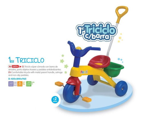 Triciclo Infantil Rondi 1er Triciclo c/Barra amarillo y azul