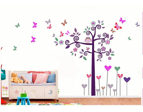 Vinilo Pared Infantiles Árbol Búhos Y Mariposas