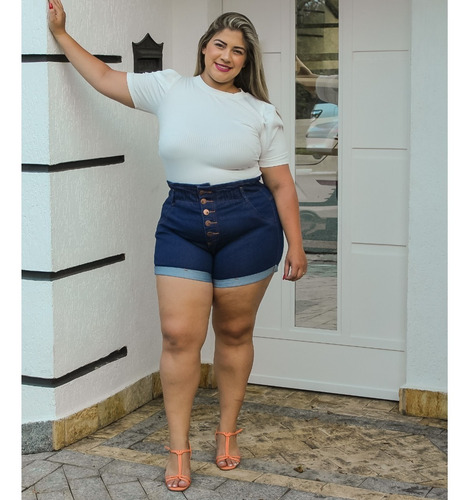 Imagem 2 de 4 de Short Jeans Plus Size Cintura Alta Feminino Lycra E Elastico