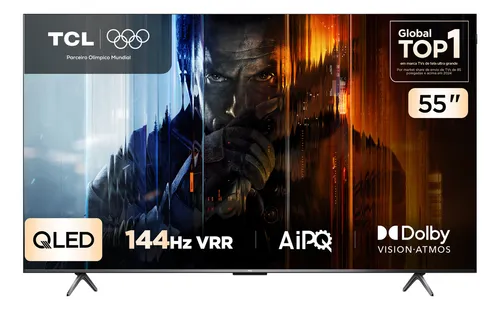 Vista frontal da Smart TV TCL 55 polegadas P8K com selos de tecnologia QLED, 144Hz VRR e Dolby Vision.
