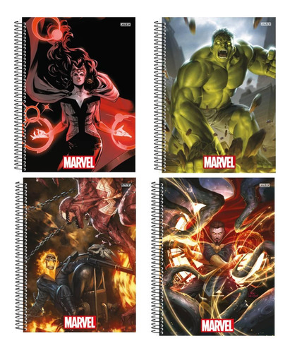 Kit 4 Cadernos Marvel Now Espiral 1 Matéria Universitário