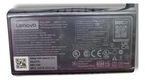 Cargador Lenovo Thinkpad Original Usb-c 65 W 20v 02dl156 Negro