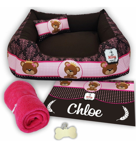 Cama Cachorro Gato 60x60 Kit 5pç Personalizado Manta + Placa