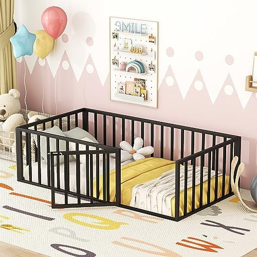 Twin Size Metal Versatile Floor Bed Frame With Door And Safe