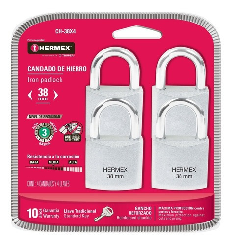 Set De 4 Candados De Hierro Marca Hermex 38mm (4 Llaves)