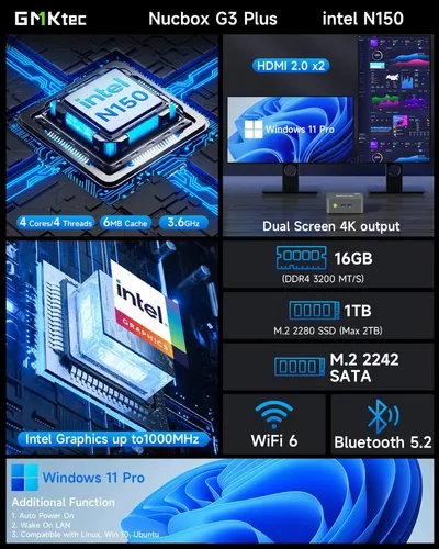 Mini Pc Gmktec Intel N150 (turbo 3.6 Ghz) 16 Gb Ddr4 1 Tb Ss