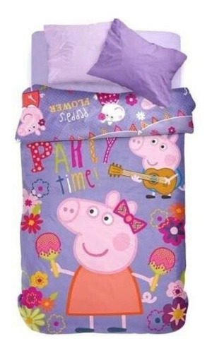 Acolchado Piñata Peppa Pig Flower 1 1/2 plaza diseño sublimado color violeta de 145cm x 240cm