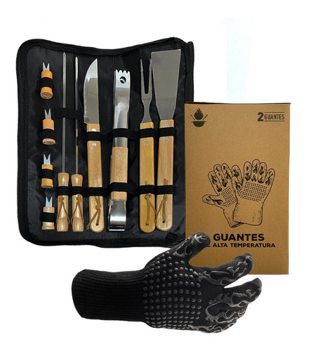 Pack Set Asado Parrilla 10 Uds + 2 Guantes Alta Temperatura 