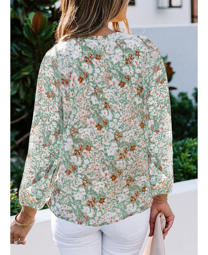 Blusa De Manga Larga Con Cuello En V, Chifón, Estampado Flor