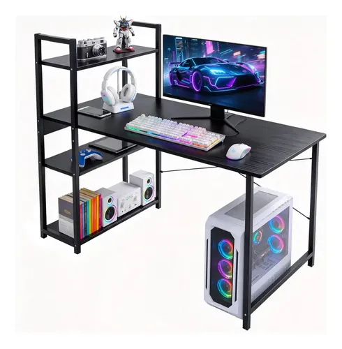 Escritorio Gamer con Estantería de 3 Repisas y Diseño Reversible para Oficina