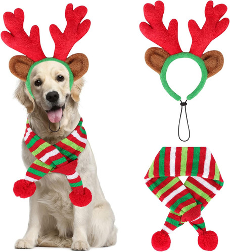 Perro Navidad Reno Elk Antlers Diadema Y Rojo-blanco-ve...