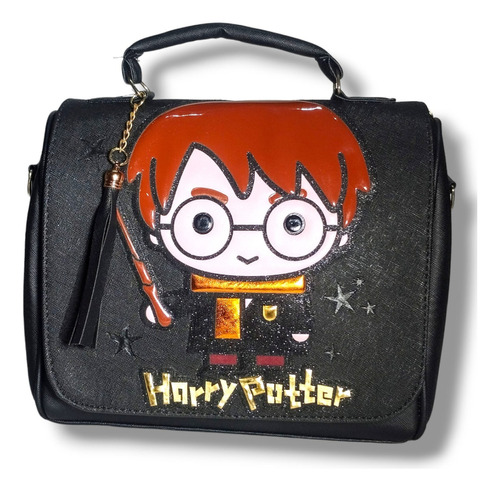 Bolsa Harry Potter Negra Mujer Acabado De Los Herrajes Oro Color Negro Correa De Hombro Negro Diseño De La Tela Liso