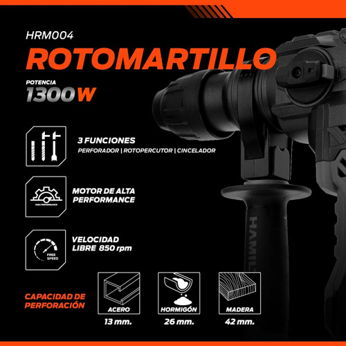 Rotomartillo 1300w 5j Con Accesorios - Hamilton Hrm004 Frecuencia 50/60Hz