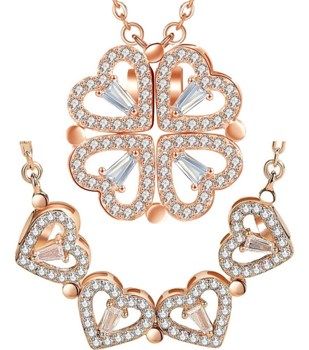 Imagen 1 de 10 de Collar Doble Vista Dorado Rosa Dije Corazones Trébol Mujer