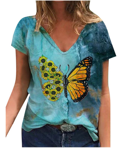 P Blusa Mujer Cuello V Verano Manga Corta Mariposa P 9131