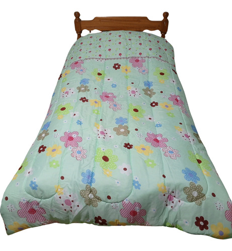 Acolchado Infantil Reversible 1 Y 1/2 Plaza Princesas Disney / Flores Verde Agua Reversible