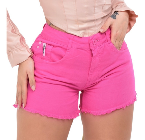 Shorts Feminino Curto Cintura Alta Sarja Rosa Chiclete