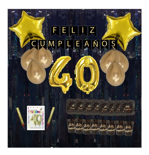 Kit Decoración Cumpleaños - Negro Y Dorado - 40 Años