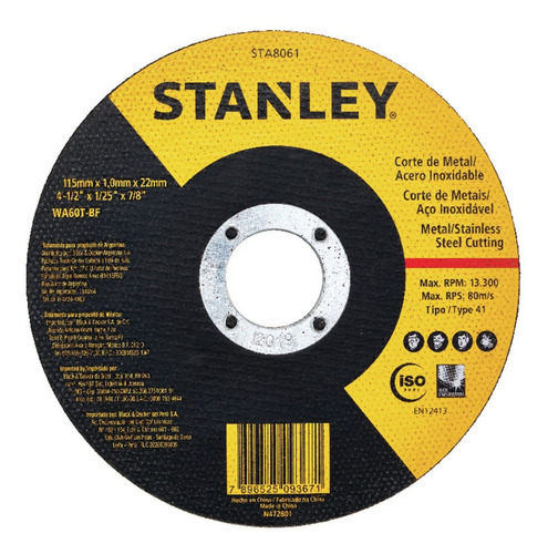 Disco De Corte Metal Amoladora 115 X 1 Mm Stanley Sta8061