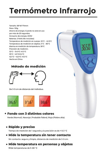 Termometro Infrarrojo Alarma Sin Contacto 3 A 5 Cm