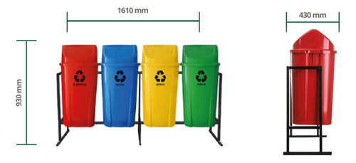 Kit 4 Lixeiras Coleta Seletiva 60 Litros Com Suporte