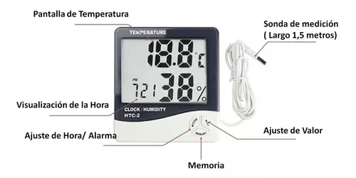 Termómetro Higrómetro Digital Htc-2 Sonda Reloj Alarma