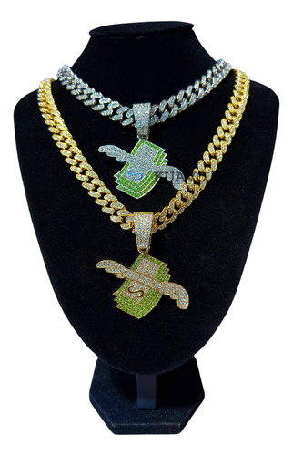 Collar Cubana Ice + Dije Money Fly Ice Strass Simil Oro Trap Plateado