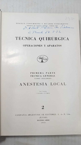 Tecnica Quirurgica Operaciones Y Aparatos - Primeira Parte Tecnica General Anestesica Local 2 (Usado)