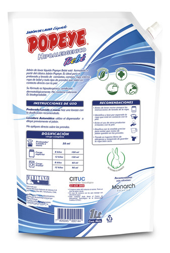 Jabón Lavar Líquido Hipoalergénico Popeye Bebé Doypack 4x 1l