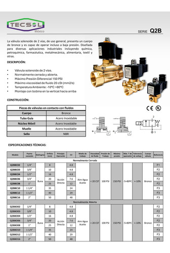 Válvula Solenoide De 1/2 En 220 Vac, Nc, Bronce, Q2bbc04