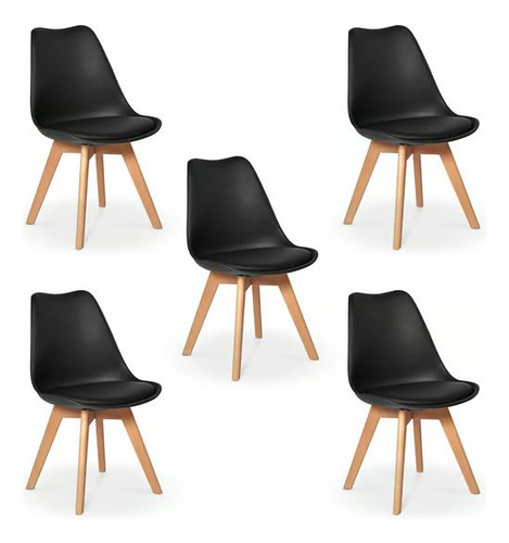 Kit 5 Cadeiras Jantar Eames Wood Leda Design Estofada Preta