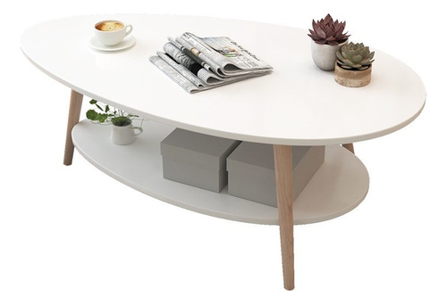 Mesa De Centro Aesthetic Madera Ovalada Blanco 2 Niveles