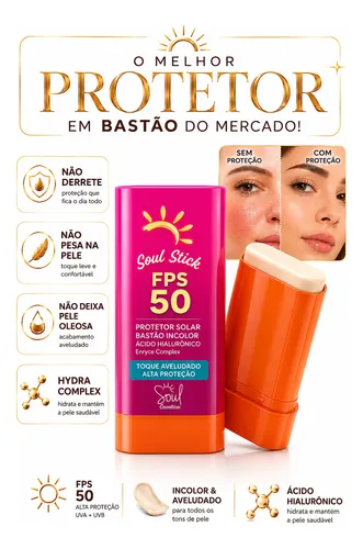 Protetor Solar Facial Stick Bastão FPS50 Incolor Não Oleoso