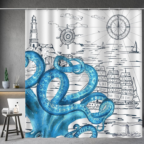 Cortina De Ducha De Pulpo Náutico Para Baño - Juego De Corti