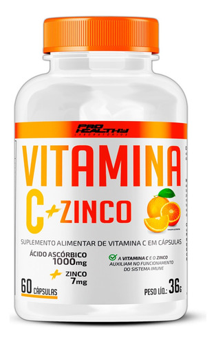 Vitamina C 1000mg + Zinco 7mg 60 Caps - Pro Healthy Sabor Sem Sabor