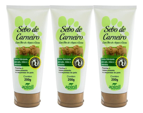  Kit 3 Creme Hidratante Sebo De Carneiro Para Pés Mãos 200g