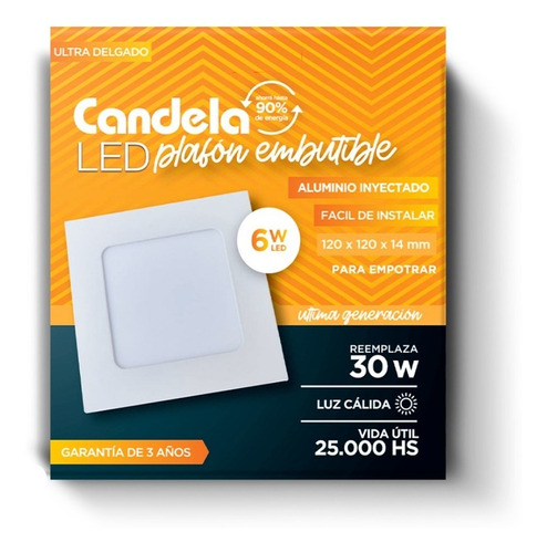 Plafon Cuadrado Embutir Led 6w = 30w Cálido 120x120 Pack X10