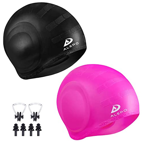 2 Pack Unisex Swim Caps With 3d Ear Protection, Durable Flex