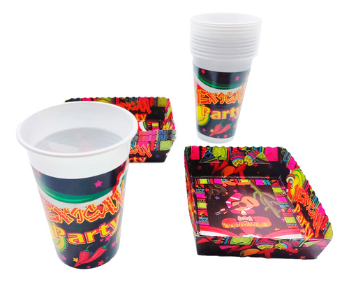 Kit 12 Vasos 12 Platos Decorativos Fiesta Mexicana