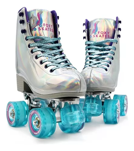 Patines holográficos de piel sintética para mujer, patines de cuatro ruedas  brillantes de doble fila, cuatro ruedas para niñas y edades de 8 a 50