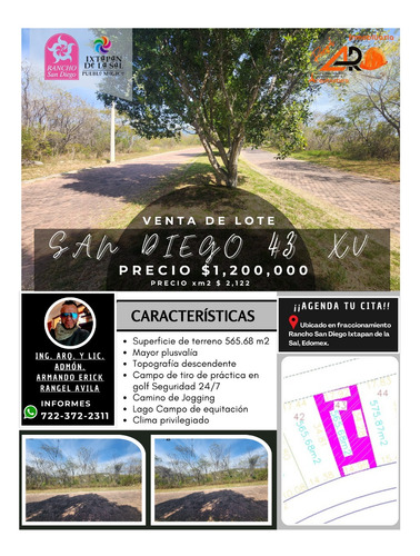 Venta Lote San Diego 43 Mz Xv Sobre Avenida Principal Con Bonitas Vistas En Fracc Rancho San Diego Ixtapan De La Sal Edomex Con Todos Los Servicios Y Proyecto Incluído.