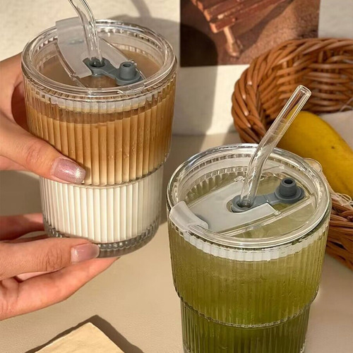 Q Taza De Vidrio Con Tapa Y Pajita,juego De Tazas De Café