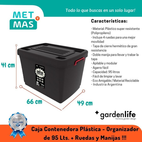 Imagen 2 de 9 de Caja Herramientas Plastica Organizador Cocina 95 Lts. Ruedas