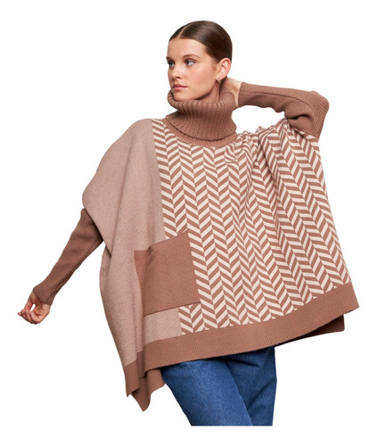 Sweater Poncho Poleron Zigzag Oversize Moda De Punto Mujer