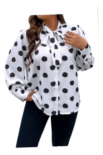 Camisa Plus Size De Poliéster, Cuello Lazo, Mangas Largas Xl