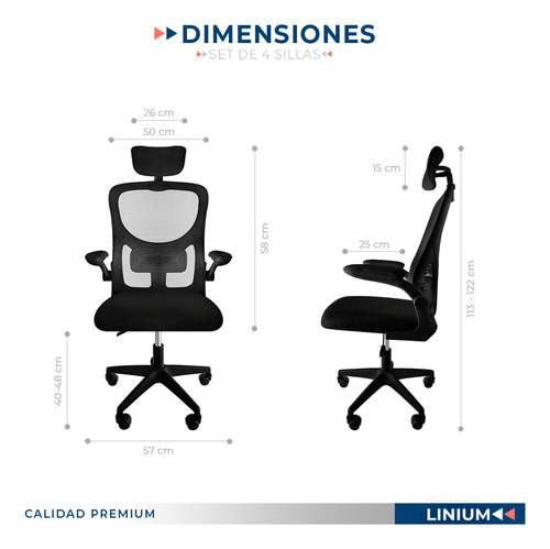 Silla Oficina Escritorio Linium Ergo Premium Ejecutiva 4 Pcs Color Negro Material Del Tapizado Malla
