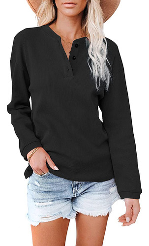 Camisa Mujer Cuello En V Color Sólido Top Manga Larga