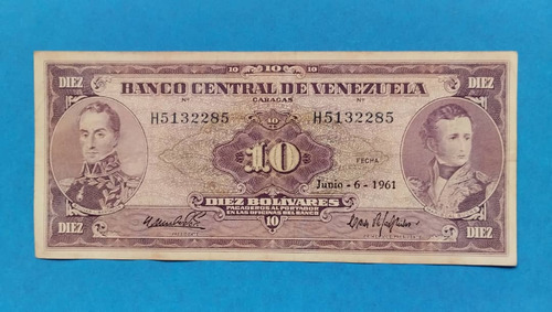 Billete De 10 Bs De 1961 H-7, Cara Volteada (2).