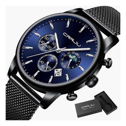 Crrju Moon Phase Chronograph Calendar Relógios Cor de fundo preto/azul/prata