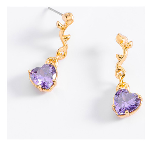 Aretes Largos De Corazón Morado En Baños De Oro 18k, Nice